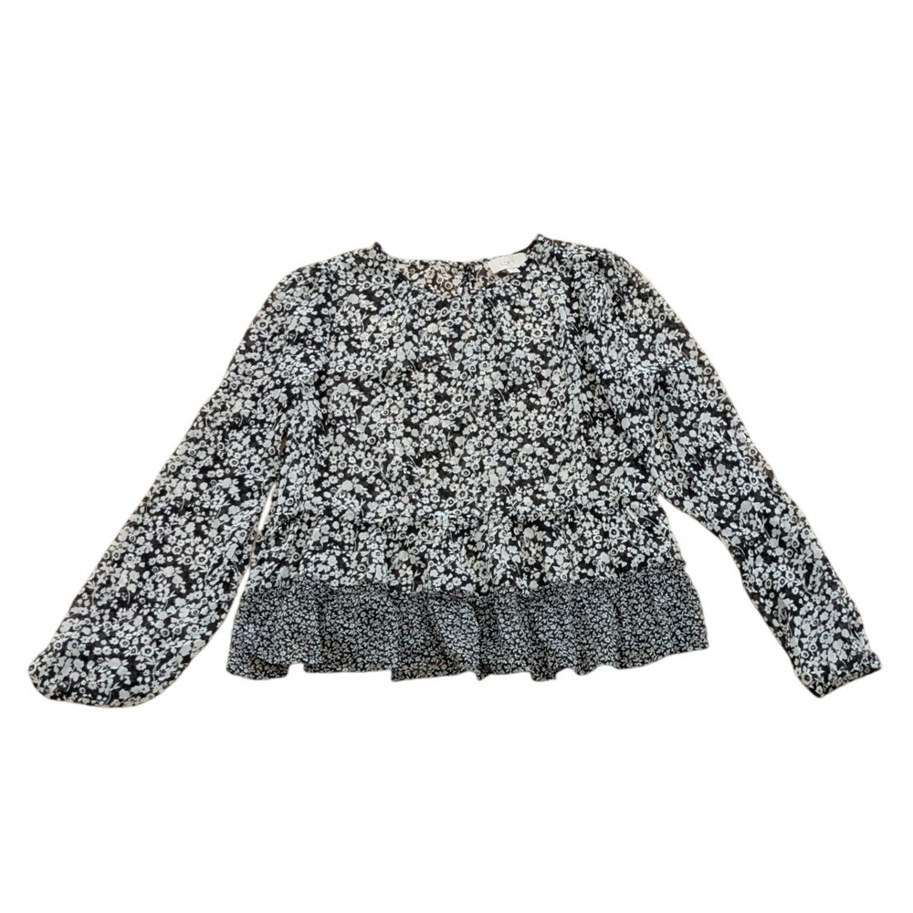 LOFT Outlet Blouse Sheer Dark Floral Tiered Peplum Babydoll‎ Top Women's Small